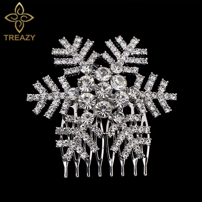 TREAZY Sparkling Snowflake Wedding Hair Accessories Rhinstone Crystal Hair Combs For Brides Women Headpiece Bridal Hair Jewelry