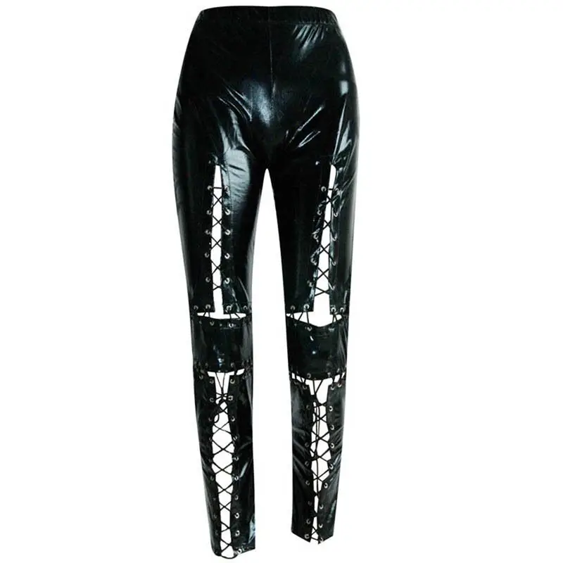 CFYH Woman Black Faux Leather Gothic Punk Pants Wetlook Bandage PVC Leggings Size S-L