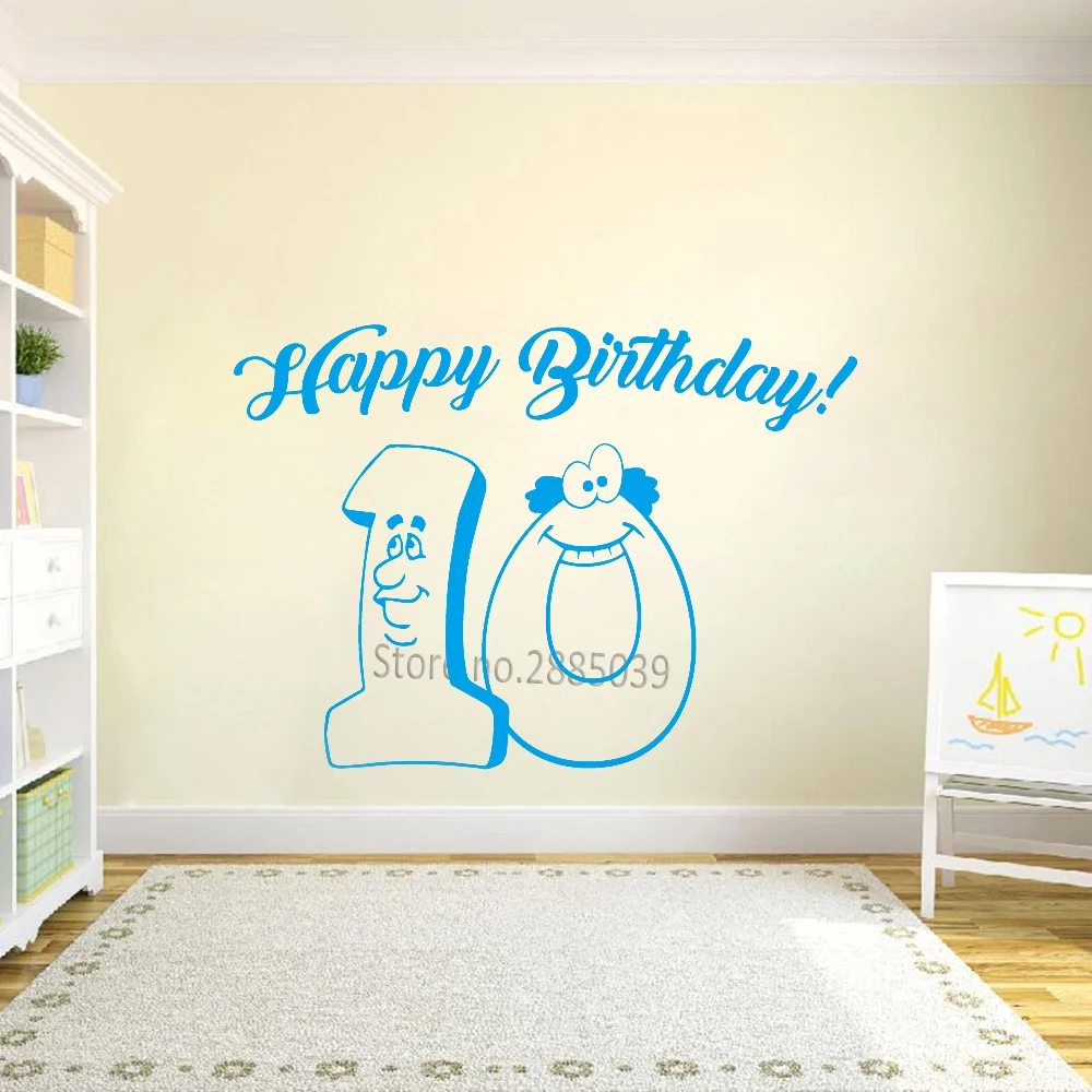 New Happy Birthday Vinyl Decor Wall Decals 10 Years Old Birthday Stickers Cute Party Decal Celebration DIY Art Decoration LC895