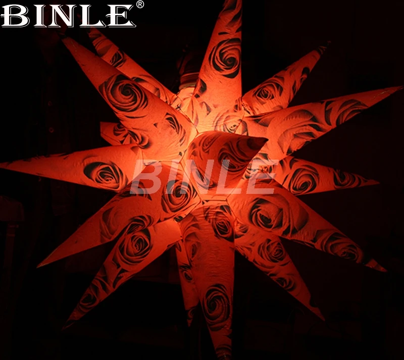 Factory made Multi-colorful 1.5m inflatable star with rose flower printed led lighting decoration for nightclub