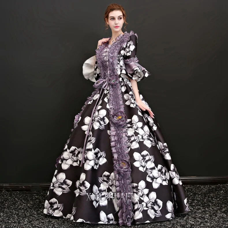 long flare sleeve flower printing ruffled venice carnival queen ball gown medieval dress Renaissance Gown Victoria/Antoinette