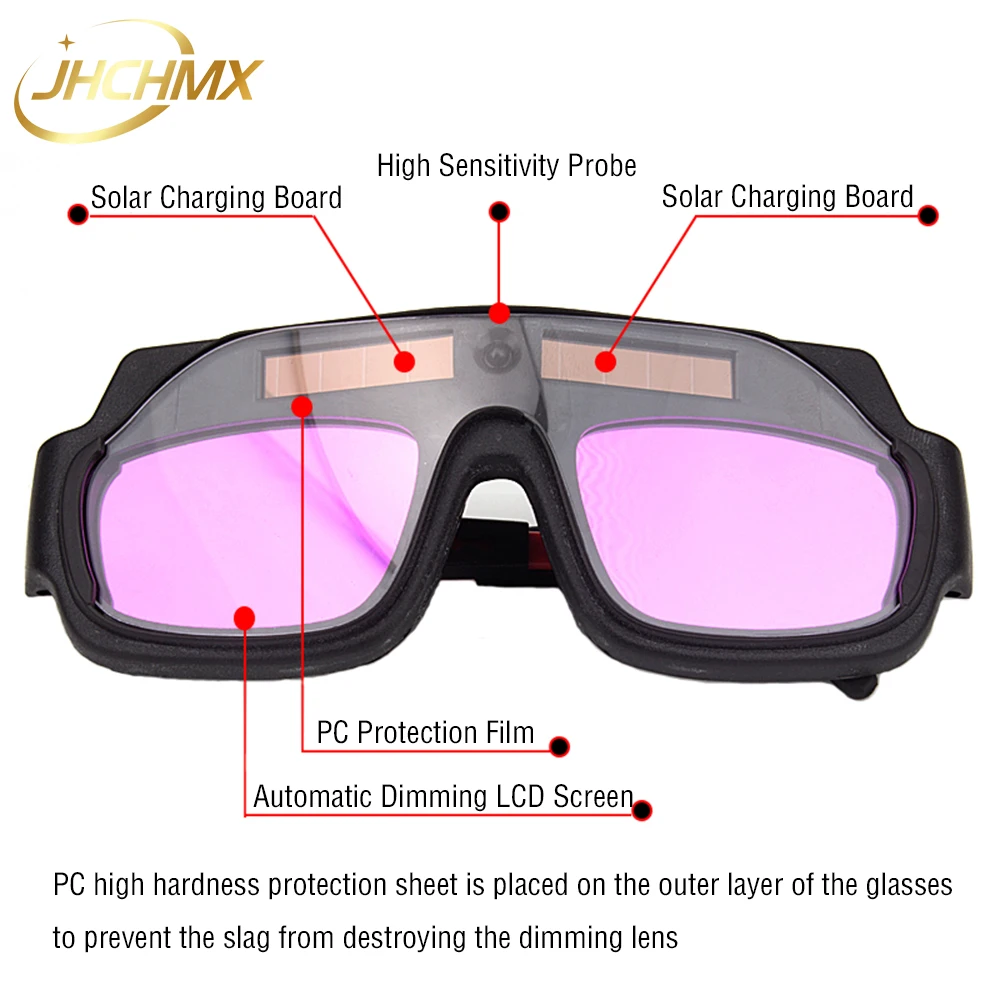 JHCHMX Solar Auto Darkening Welding Goggles เครื่องเชื่อมแว่นตา Arc PC เลนส์เชื่อมแว่นตาป้องกัน
