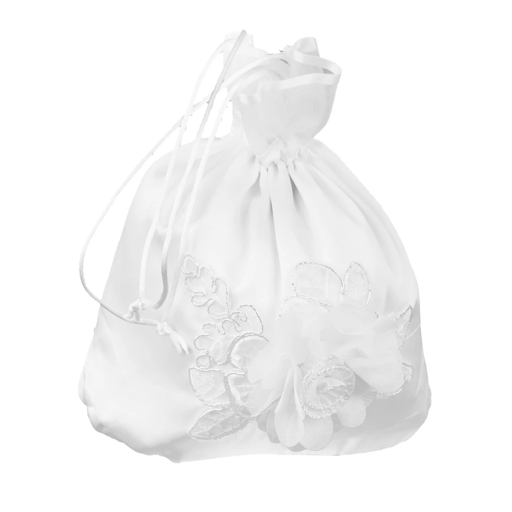 White Satin Bridal Wedding Clutch Flower Money Bag Drawstring Pouch Wristlet Handbag Party Bags Bridesmaid Wedding Accessories