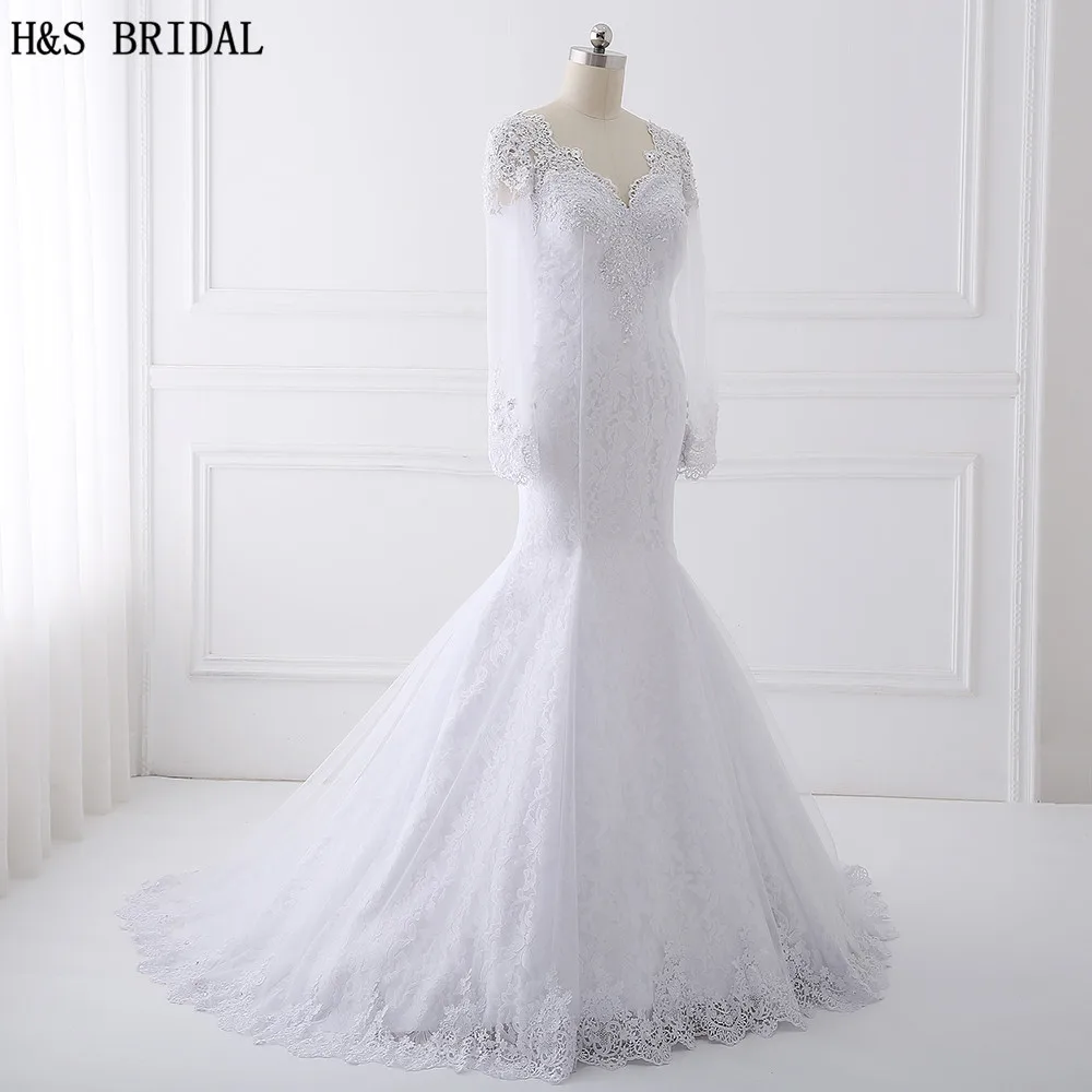 H & S – robe De mariée sirène en dentelle, manches longues, perles, col en V, turquie, 2020