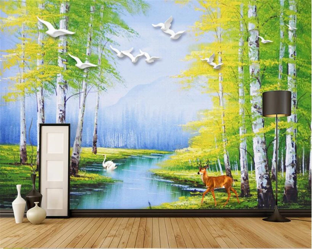 

beibehang European-style Dimensional oil painting Swan Lake forest elk background wall mural papel de parede 3d wallpaper tapety