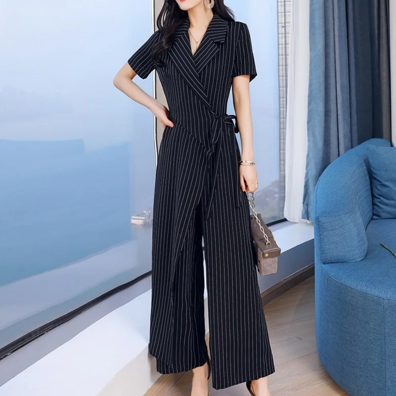 Mùa Hè Sọc Jumpsuit 2019 Nữ Tay Ngắn Quần Ống Rộng Lape Văn Phòng Kinh Doanh Nữ Thanh Lịch Liền Quần Cho Nữ 2019 DD2071