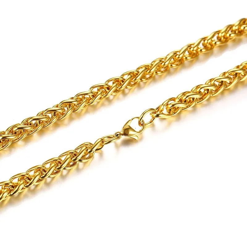 Vnox Gold Color Men Stainless Steel Wheat Spiga Franco Link Chain Necklace Male Jewelry 24 Inch in 3-7MM Width