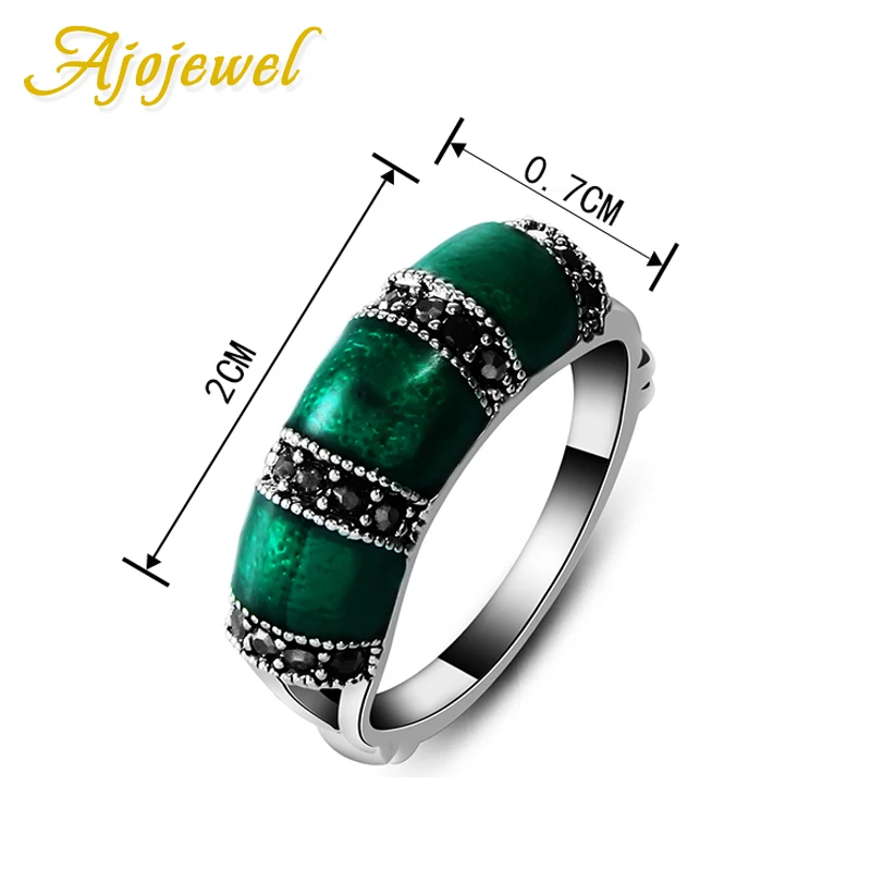 Ajojewel #6.5-9 Bamboo Designer Vintage Women Green Ring With Black CZ Stone Enamel Jewelry High Quality Party Gift