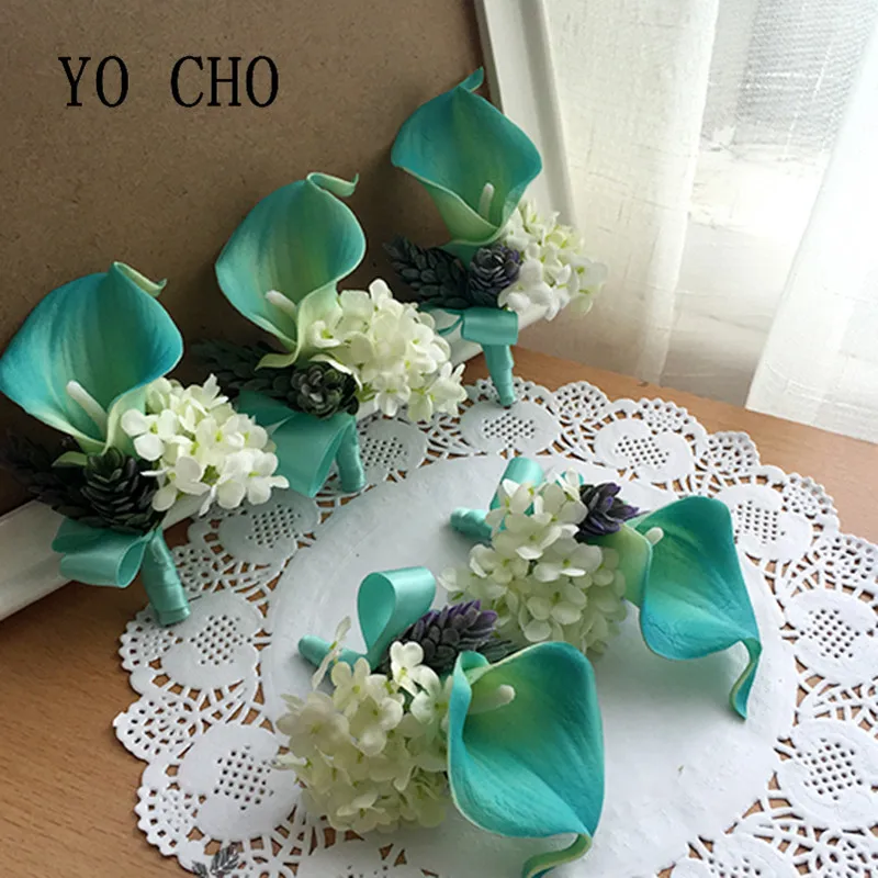 YO CHO Real Touch Calla lily Boutonnieres Flowers Buttonhole Corsage White Blue Groom Boutonniere Wedding Marriage Accessories