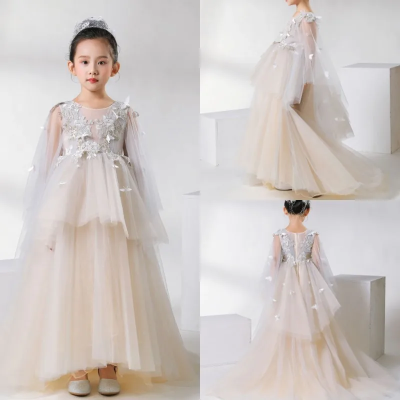 

2019 Fashion Flower Girls Dresses O-Neck Long Sleeves Lace Appliques Tulle Girls Pageant Gowns A Line First Communion Dress