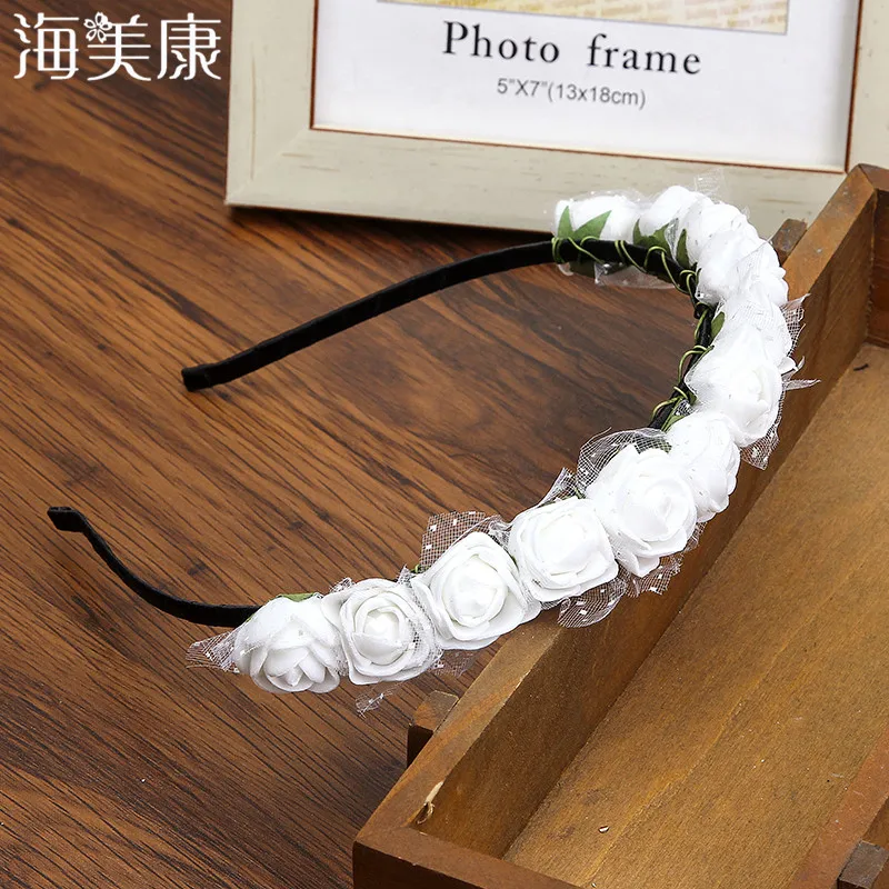 Haimeikang Bezel for Girls Hair Accessories Flower Hairband Wreath Headdress Romantic Headband Red Color Bridal Headwear