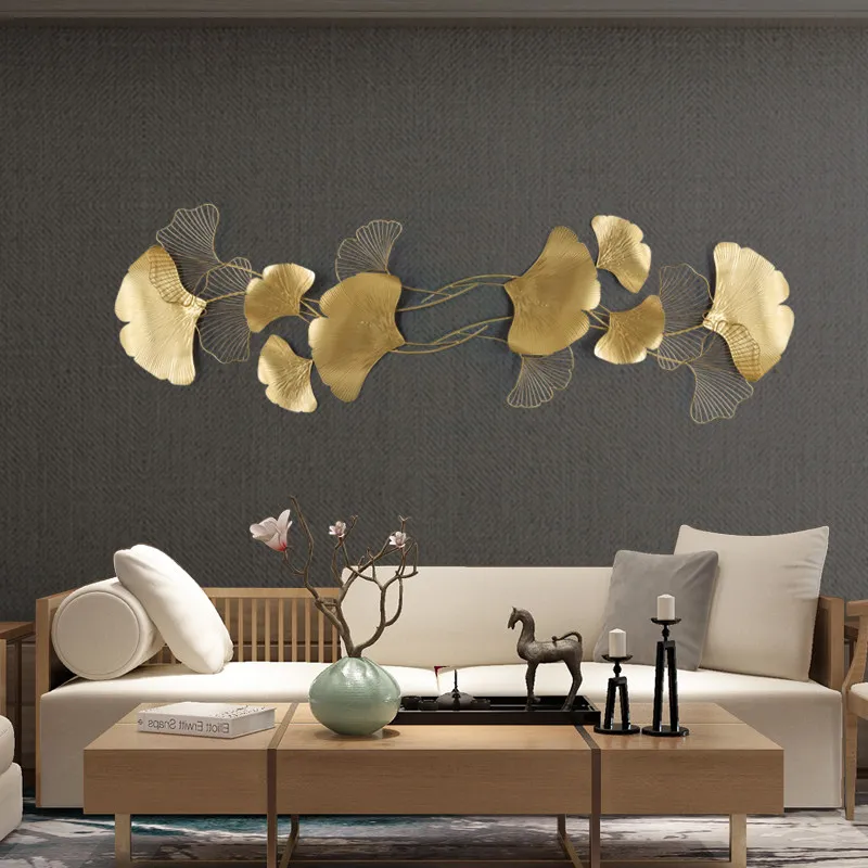 Modern Chinese Gold Wrought Iron Ginkgo Leaf Wall Crafts Decoration Home Livingroom Wall Porch Background Mural Metal Ornaments