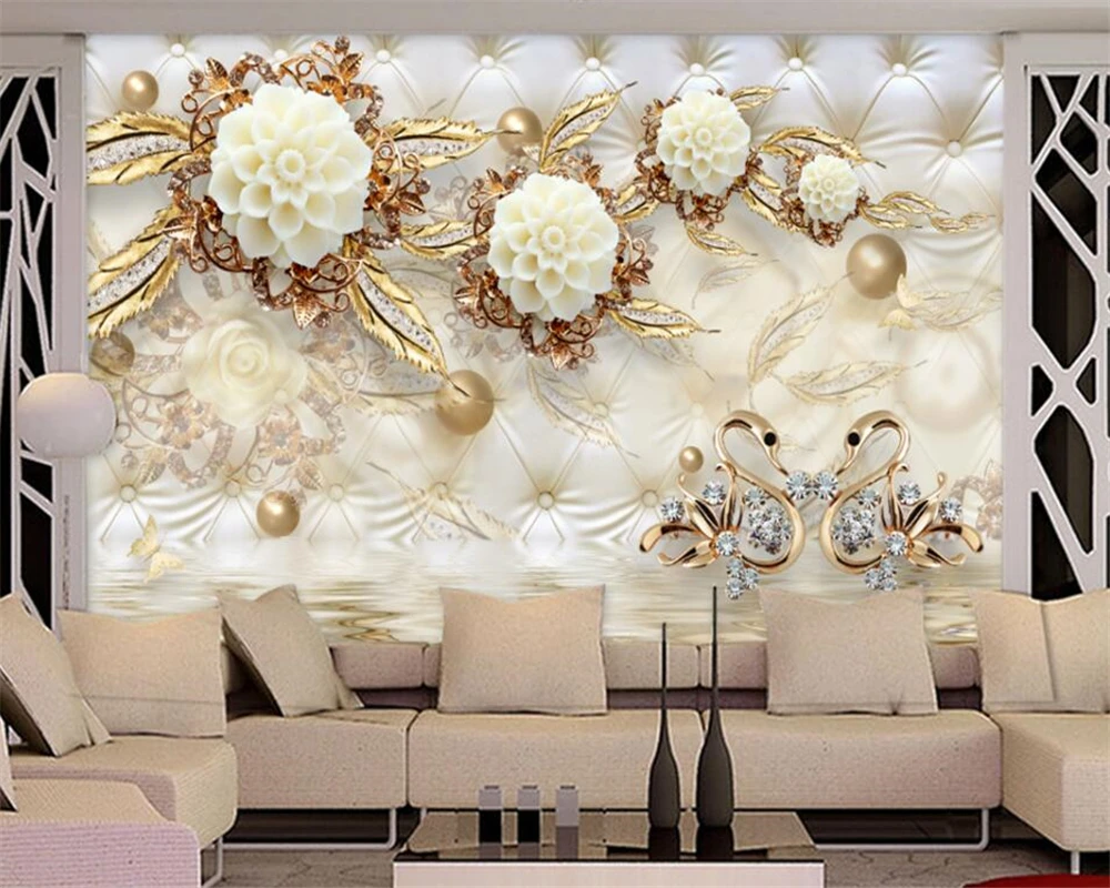 

Beibehang Custom wallpaper 3d luxury gold white flowers soft bag ball jewelry murals living TV background 3d photo wallpaper