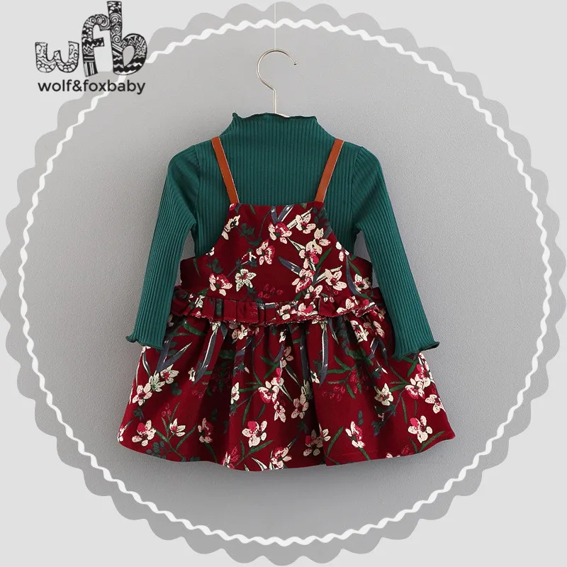 Retail 0-3 years children's girl long-sleeved knit dress floral harness two sets dress spring fall autumn