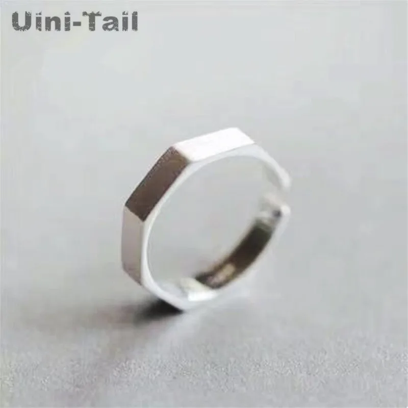 Uini-Tail hot new 925 Tibetan silver fashion nut design Korean version of the simple silver brushed geometric polygon open ring