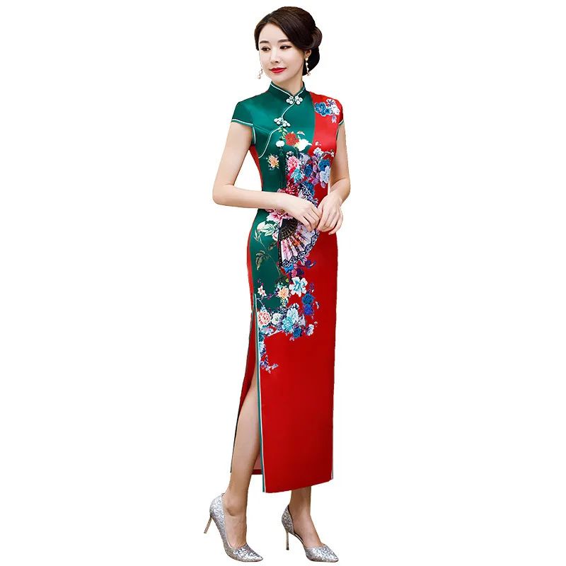 

Sheng Coco Sexy Red Silk Satin Cheongsams Dresses Classic Oriental Robe Chinese Novelty Print Fan Flower Qipao 3XL 4XL Women