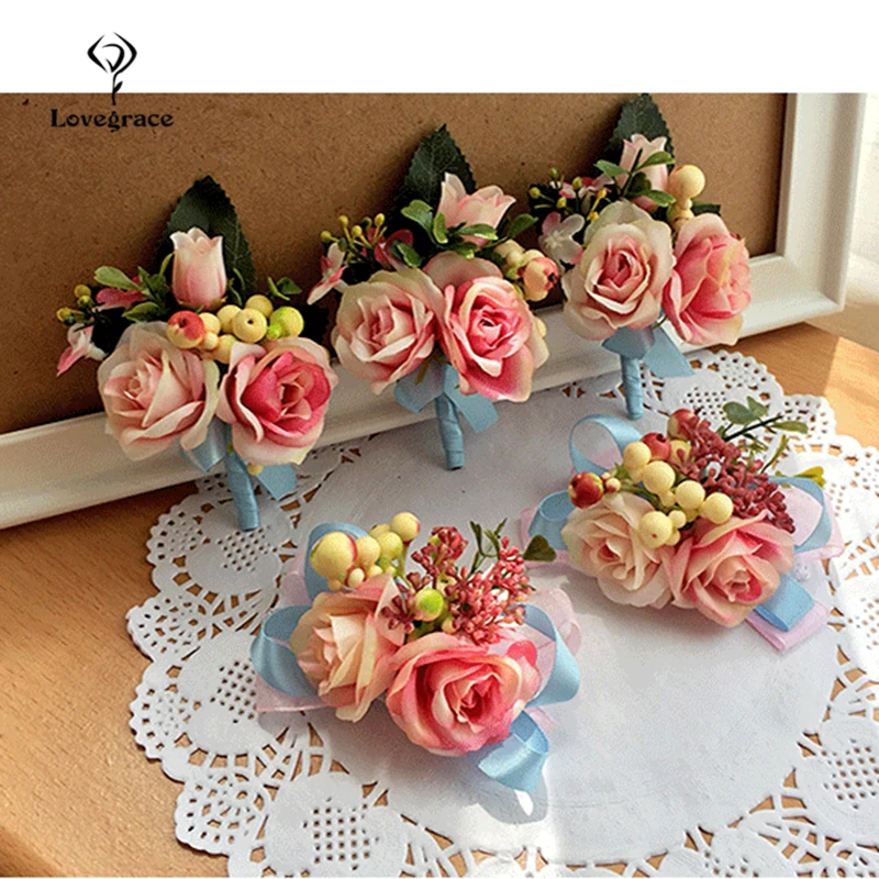 Lovegrace 4 Handmade Cưới Xòe Hoa Boutonniere Rất Nhiều Hoa Lụa Lưng Chân cho Nam Phù Hợp Với Phụ Kiện Cô Dâu Tiếp Liệu