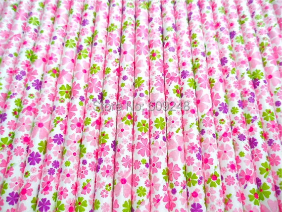 100 Pcs Colorful Floral Paper Straws for Garden Wedding,Retro Pink Green Purple Flower Party Birthday,Baby Shower,Celebrations