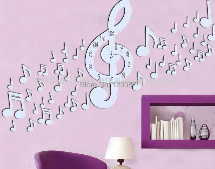 New design music notes wall clock mirror sticker , 3D decorative clock wall sticker mirror