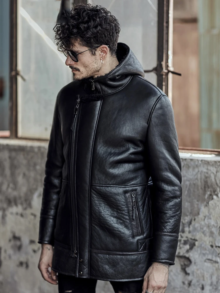 Style Sheepskin B7 Flight Jacket Super Warm Black Color Men's Shealing Jacket Military