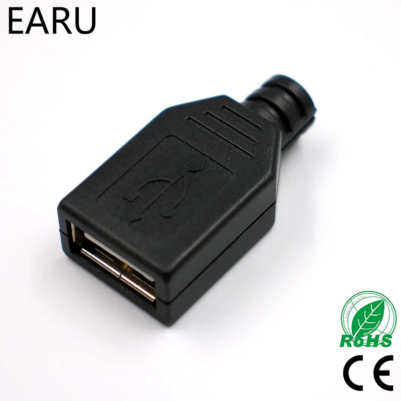 DIY 10pcs Type A Female USB 4 Pin Plug Socket Connector With Black Plastic Cover USB 2.0 Connect Adapter PCB SDA Data Cable Line
