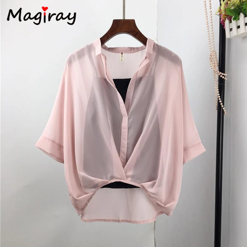 Magiray Batwing 3/4 Sleeve Chiffon Blouse Women 2020 Summer See Through White Shirt Leopard Cover Up High Low Female Top C169