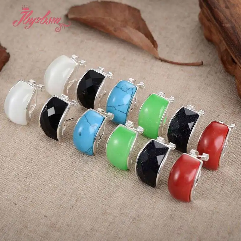 10x20mm Curved Stone Beads Cat eye,Agates,Coral,Jades Tibetan Silver Fashion Clamp Earring For Woman Christmas Gift 1 Pair