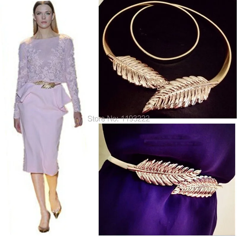 

Trendy Gold Silver Metal Belt Alloy Leaves Leaf Buckle Waist Belt Cummerbund Straps Elastic