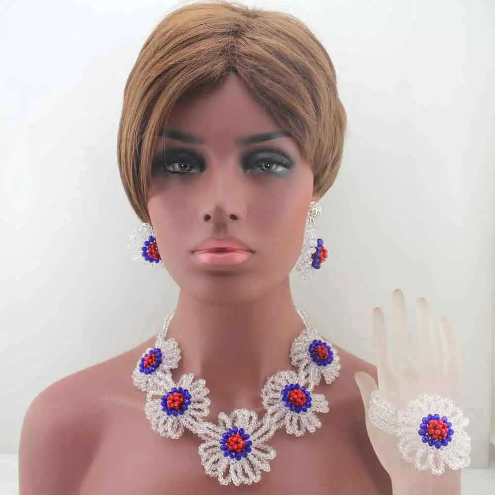 

New Fashion Royal Blue/Red African Wedding Necklace Set Asoebi African Bridal Beads White Flower Jewelry Free Shipping W13641