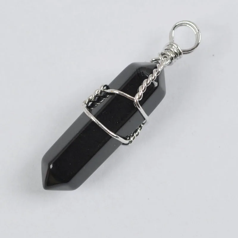 Natural Black Agate Lucky Point GEM Pendant Wire Wrapping Jewelry S1231