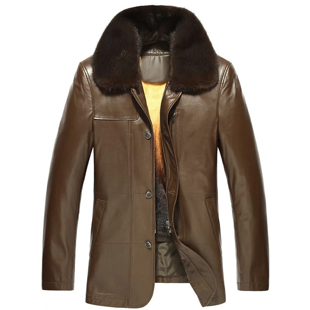 Champagne Men's Golden Mink Fur Jacket Removable Liner Trench Coat Crafted From Imported Sheepskin Leather Overcoat