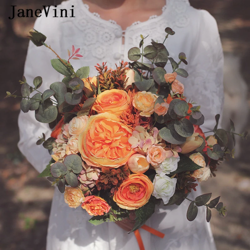 JaneVini Vintage Wedding Bouquets Orange Bridal Flowers Boho Artificial Silk Roses Summer Brides Fake Bouquet Ramo Flores Novia