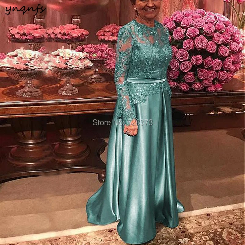 YNQNFS MD213 Fall Winter Elegante Lace Long Sleeve Mother of the Bride Dresses Groom Outfits Turquoise Custom Made 2019