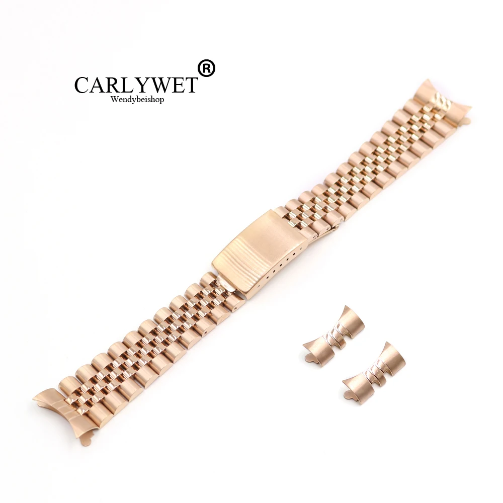 CARLYWET 13 17 19 20 22mm Hollow Curved End Solid Screw Links Rose Gold Steel Replacement Watch Band Bracelet For Jubliee