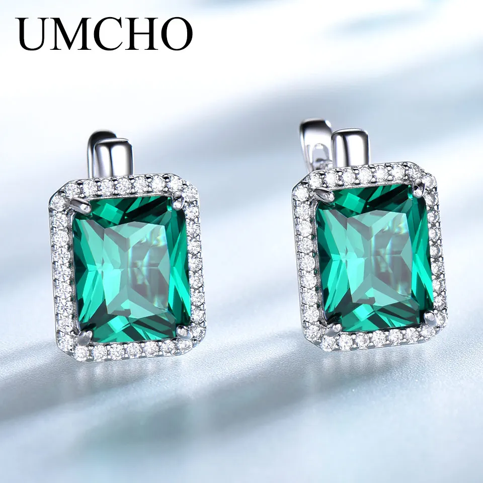 

UMCHO Luxury Rectangle Created Emerald Clip Earrings Solid 925 Sterling Silver Colorful Gemstone Earrings For Women Fine Jewelry