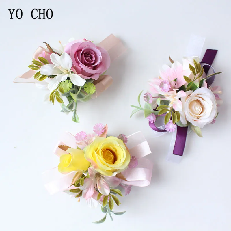 YO CHO-pulsera de flores hechas a mano para hombre, brazalete de rosas rojas, broche, suministros de boda