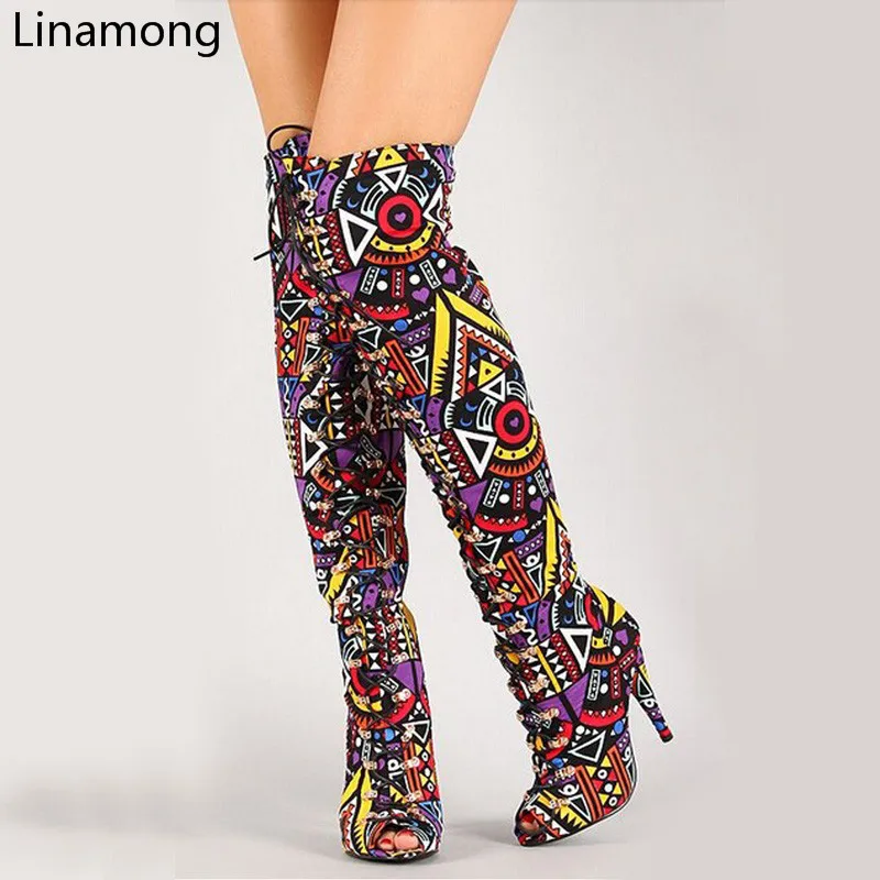 

2024 Elegant Multicolor Mixed Color Tribal Lace-Up Peep Toe Thigh High Boot High Heel Gladiator Boots Women Long Boots Sandals