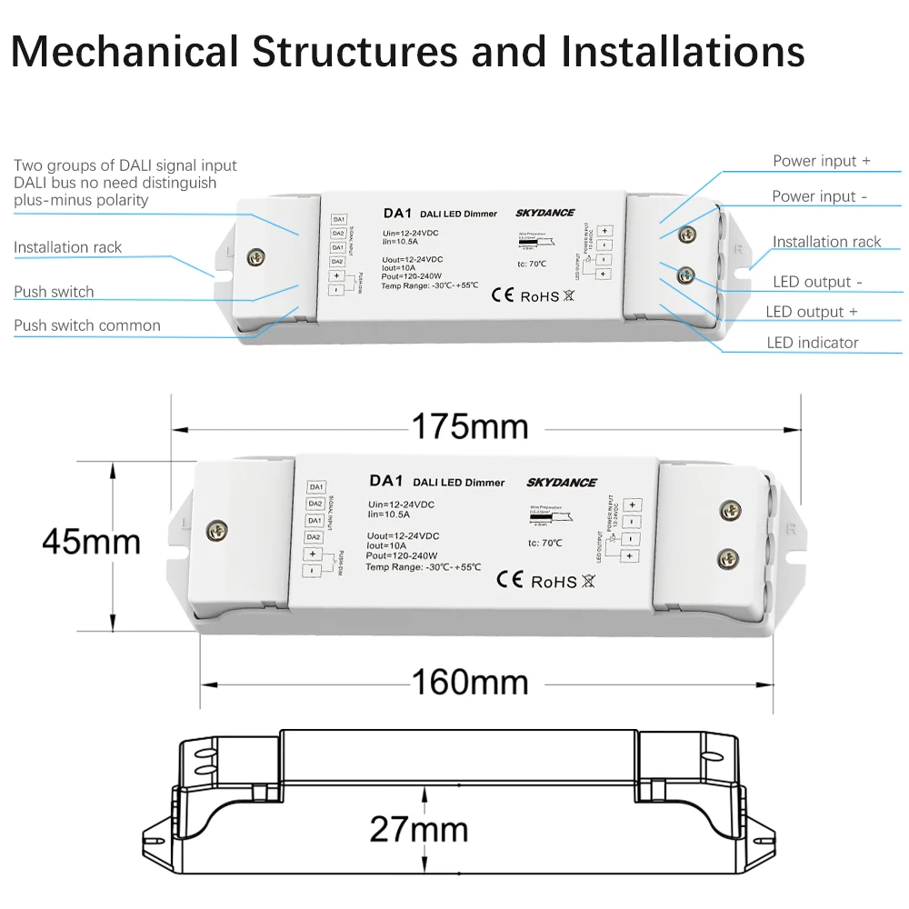 Imagem -04 - Dimmable Led Controlador Dimmer Da1 Canal de Tensão Constante Escurecimento Push Dim Proteção Múltipla 15a Saída dc 12v 24v Dali