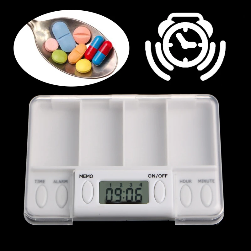 Portable Pills Reminder Medicine Alarm Timer Electronic Box Case Organizer 4 Grid Splitters 1Pc