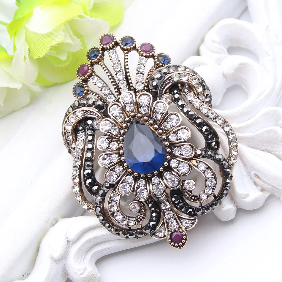 Fashion Women Jewelry Turkish Brooch Blue Crystal Rhinestone Peacock Broches Brooches Ladies Scarf hijab Pins Best Royal Gift