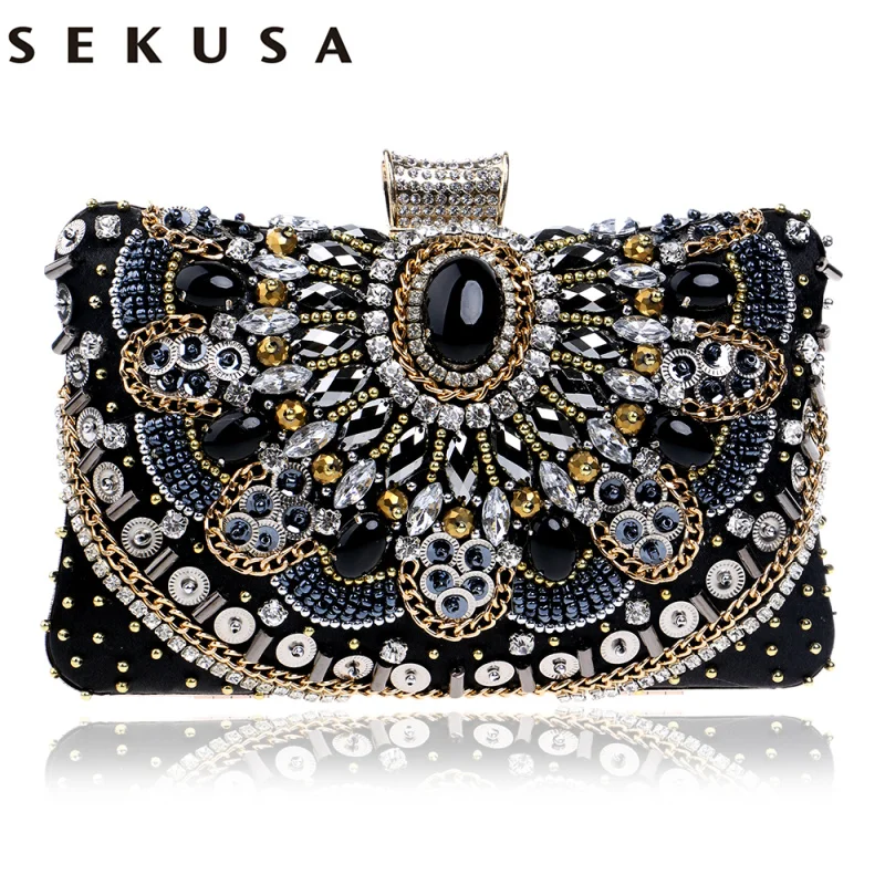 SEKUSA Hot Sale Small Beaded Clutch Purse Elegant Black Evening Bags Wedding Party Clutch Handbag Metal Chain Shoulder Bags