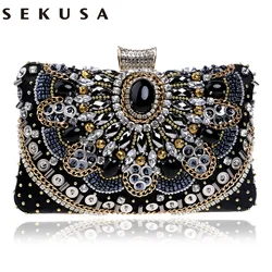 SEKUSA Venta Caliente Pequeño bolso De Cuentas Del Embrague Elegante Bolso Negro Bolsos de Tarde del Embrague Del Banquete de Boda Bolsas de Hombro de la Cadena de Metal