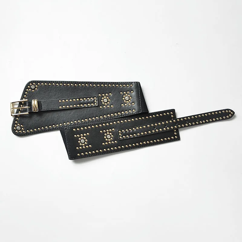 Cool women full studded black leather belts for dresses designer handmade wide stretch belt lady rhinestone belt online