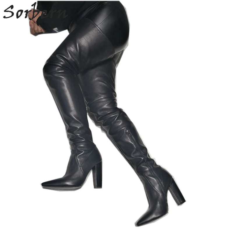 Sorbern Black Block Heel Women Boots Over The Knee Mid Thigh High Ladies Booties Chunky Heeled Custom Leg Size Pointed Toe 2019