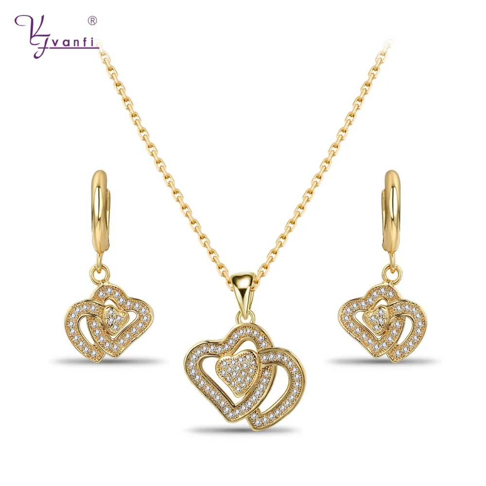 

New Fashion Charm Necklaces Earring Gold /White Color Double Heart-Shaped Love Jewelry Sets For Valentine 's Day Gift