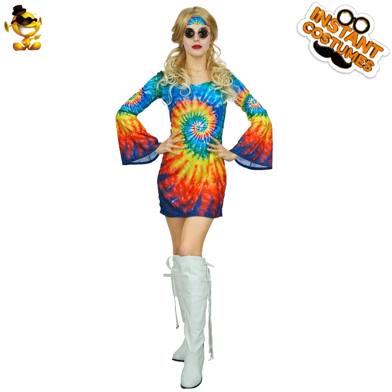 

Girls Rainbow Hippie Outfits Women Disco Retro Fancy Dress Clothing Lady Cosplay Party Adult 60's 70's Suit