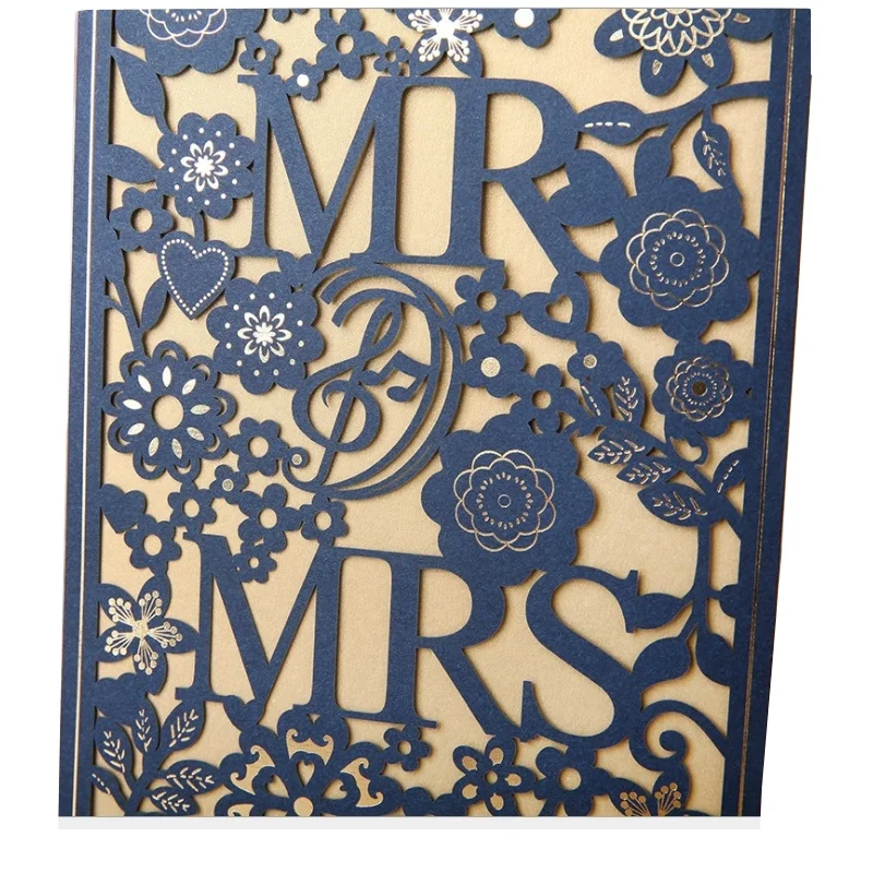 50 pces mr & mrs cartões de convite de casamento azul direito corte a laser laço oco convida convites de casamento & cartão de noivado
