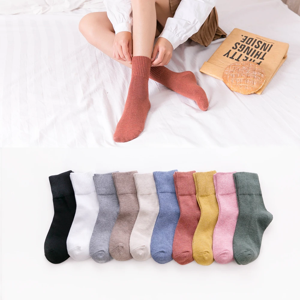 CHAOZHU-Chaussettes 100% Coton pour Femme, Couleurs Unies, Haute Qualité, Top Côtelé, Paddy, 03Basique, Coloré, Doux, Automne, Hiver