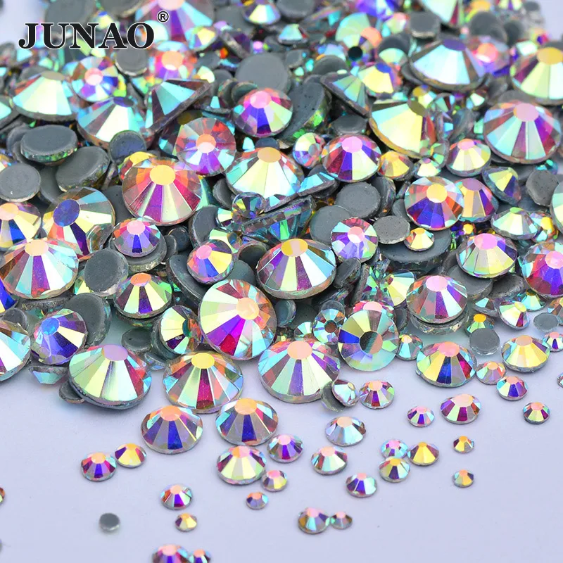 JUNAO 1440pcs Mix 8 Size Crystal AB Glass Hotfix Rhinestone Flatback Hot Fixation Crystals Stones Heat Transfer Iron On Strass