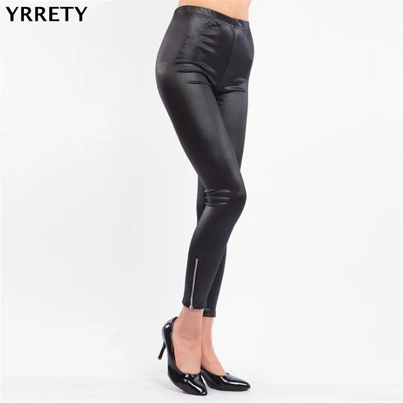 Yrrety nova moda outono do falso couro leggings mulheres calças magras preto emenda pé zíper decoração calças de cintura alta